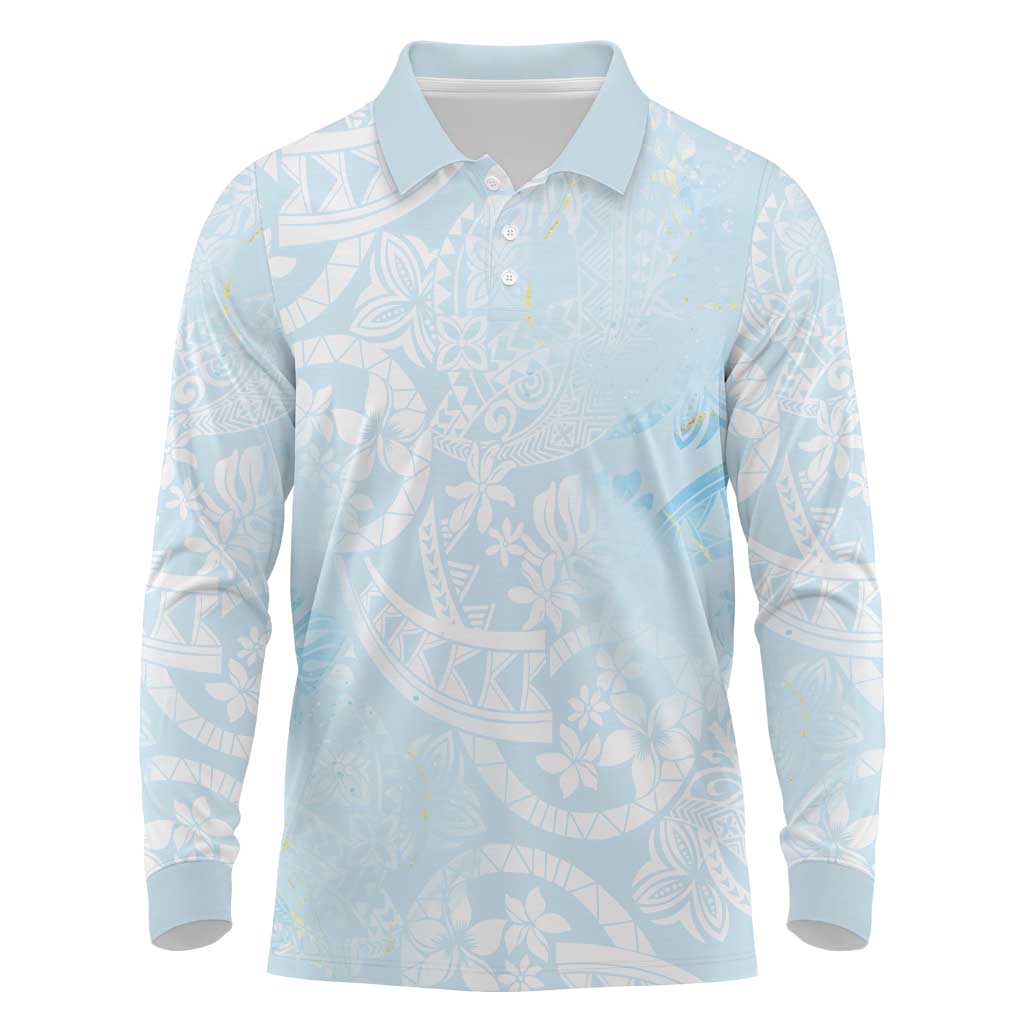 Polynesian Tiare Monstera Baby Blue Long Sleeve Polo Shirt Liquid Style LT01 Blue - Polynesian Pride