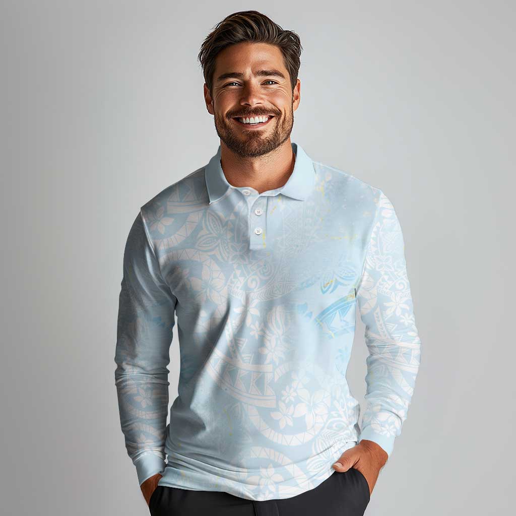 Polynesian Tiare Monstera Baby Blue Long Sleeve Polo Shirt Liquid Style LT01 - Polynesian Pride