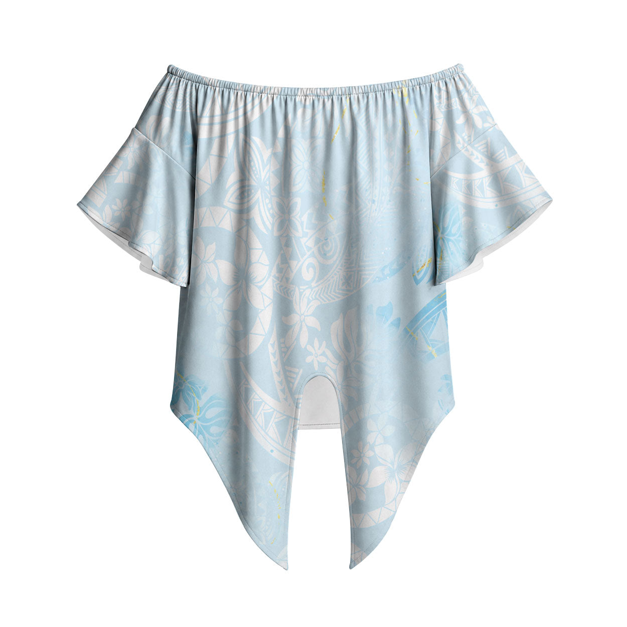 Polynesian Tiare Monstera Baby Blue Off Shoulder Wrap Waist Top Liquid Style LT01 Blue - Polynesian Pride