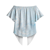Polynesian Tiare Monstera Baby Blue Off Shoulder Wrap Waist Top Liquid Style LT01 - Polynesian Pride
