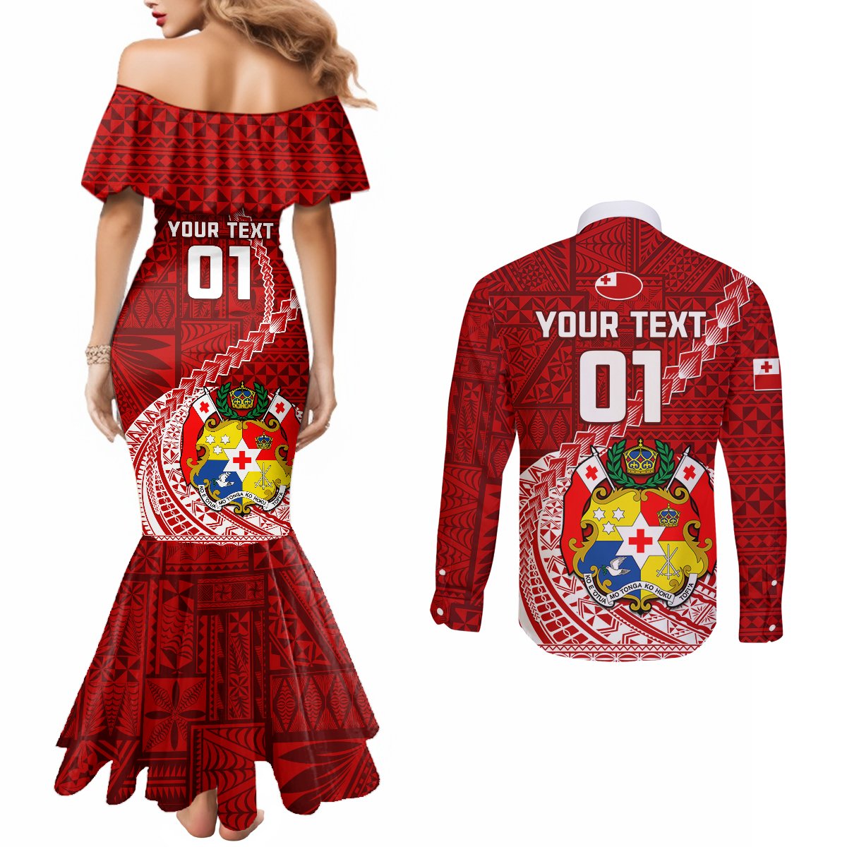 Custom Tonga Rugby Couples Matching Mermaid Dress and Long Sleeve Button Shirts Tongan Ngatu Pattern White Version LT01 - Polynesian Pride