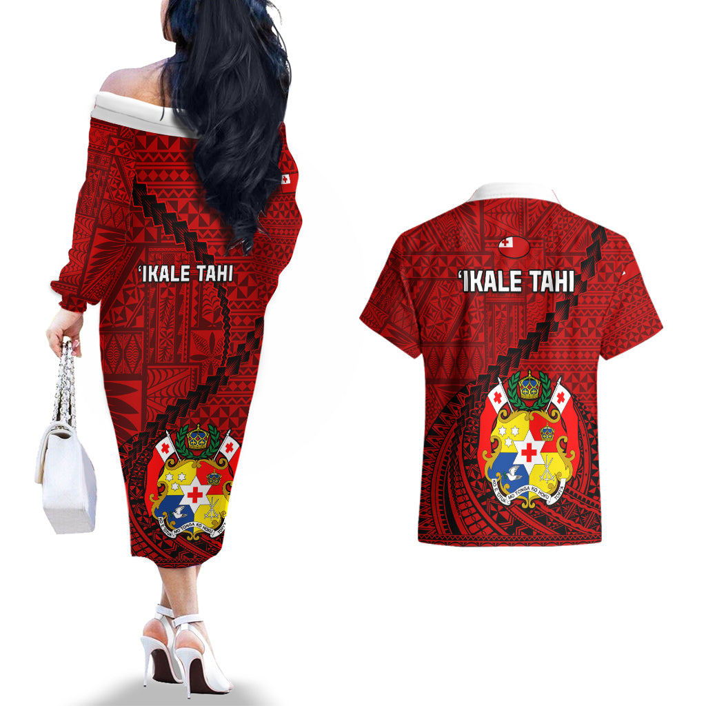 Tonga Rugby Couples Matching Off The Shoulder Long Sleeve Dress and Hawaiian Shirt Tongan Ngatu Pattern Black Version LT01 - Polynesian Pride