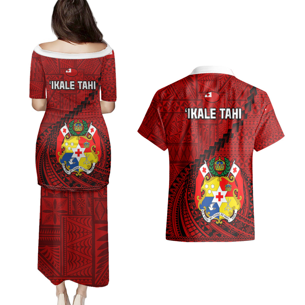 Tonga Rugby Couples Matching Puletasi Dress and Hawaiian Shirt Tongan Ngatu Pattern Black Version LT01 - Polynesian Pride