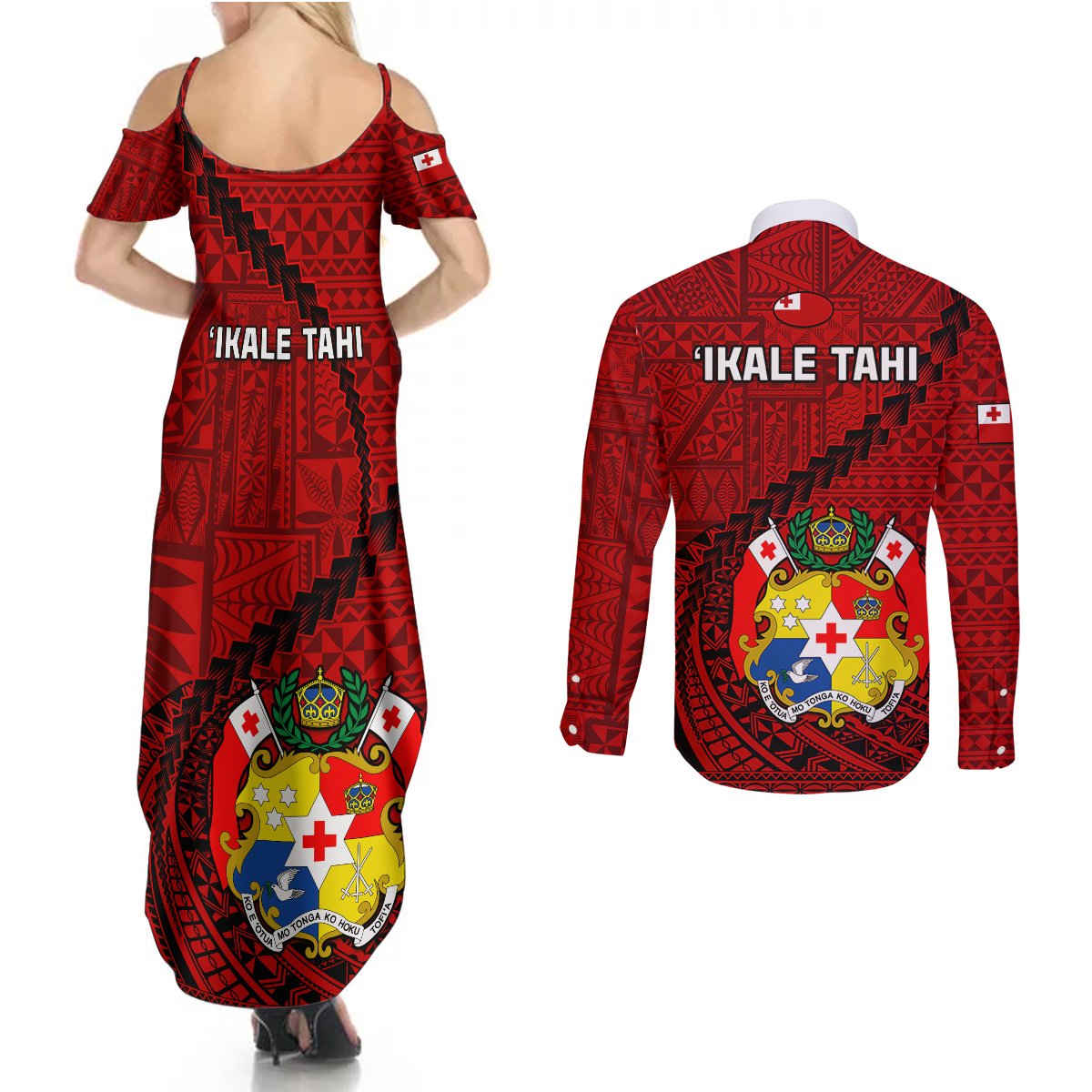 Tonga Rugby Couples Matching Summer Maxi Dress and Long Sleeve Button Shirts Tongan Ngatu Pattern Black Version LT01 - Polynesian Pride