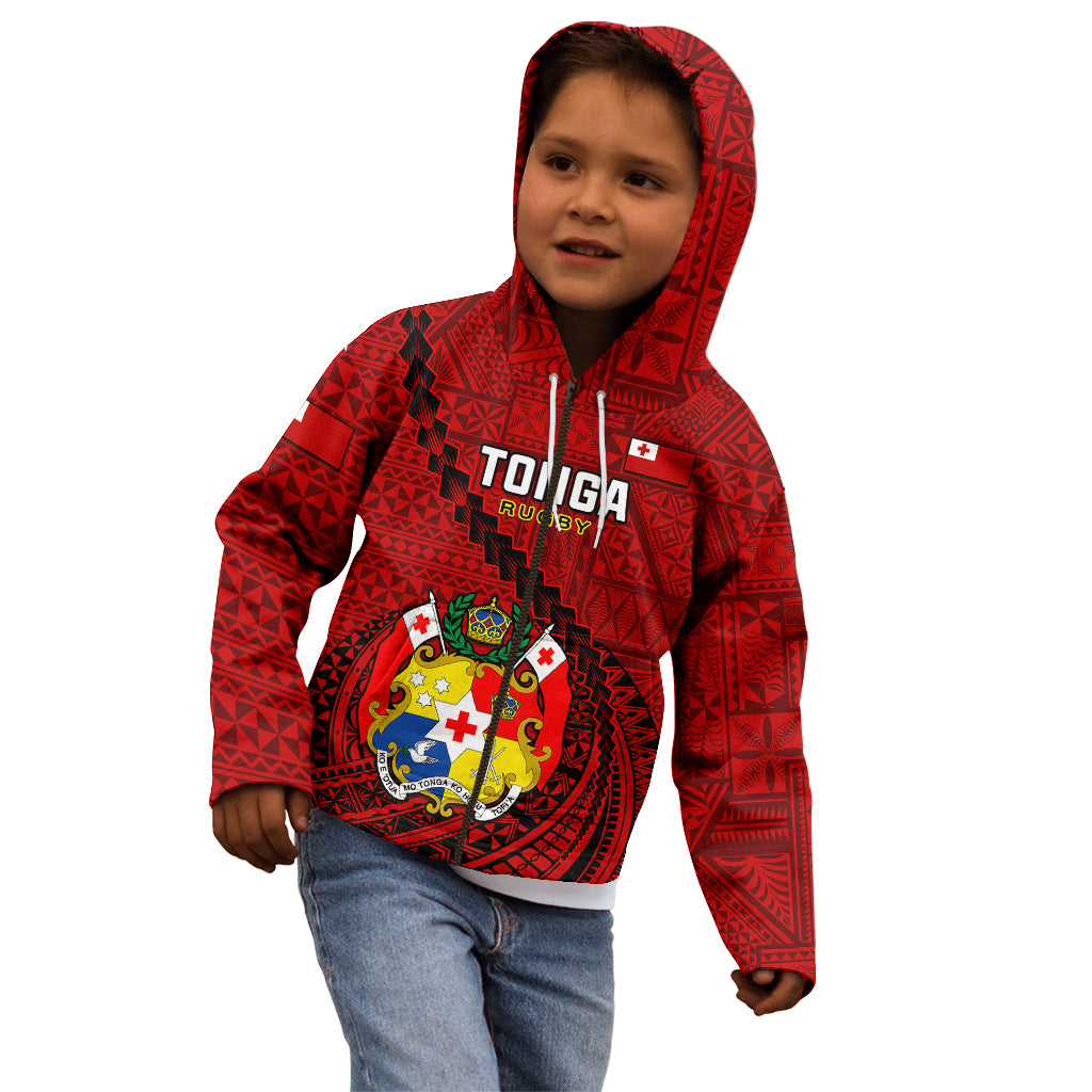 Tonga Rugby Kid Hoodie Tongan Ngatu Pattern Black Version LT01 - Polynesian Pride