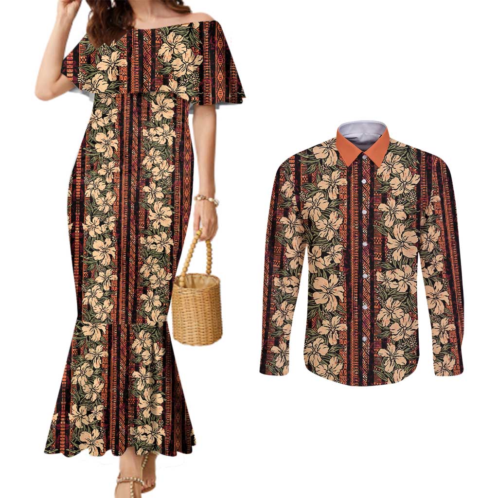 Hawaii Hibiscus Couples Matching Mermaid Dress and Long Sleeve Button Shirt Retro Style LT01 Brown - Polynesian Pride