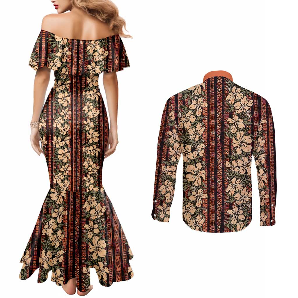 Hawaii Hibiscus Couples Matching Mermaid Dress and Long Sleeve Button Shirt Retro Style - Polynesian Pride