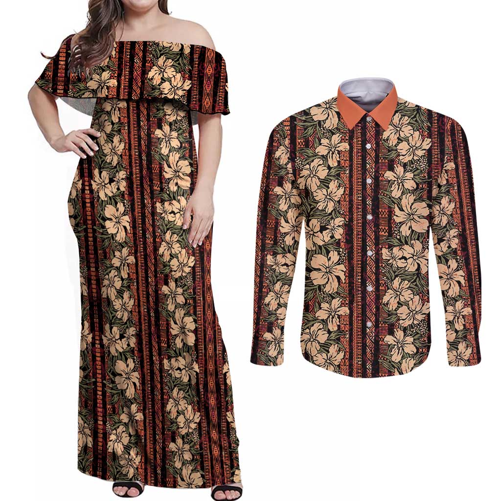 Hawaii Hibiscus Couples Matching Off Shoulder Maxi Dress and Long Sleeve Button Shirt Retro Style - Polynesian Pride