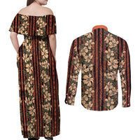 Hawaii Hibiscus Couples Matching Off Shoulder Maxi Dress and Long Sleeve Button Shirt Retro Style - Polynesian Pride
