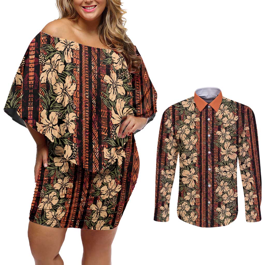 Hawaii Hibiscus Couples Matching Off Shoulder Short Dress and Long Sleeve Button Shirt Retro Style LT01 Brown - Polynesian Pride