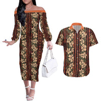 Hawaii Hibiscus Couples Matching Off The Shoulder Long Sleeve Dress and Hawaiian Shirt Retro Style LT01 Brown - Polynesian Pride