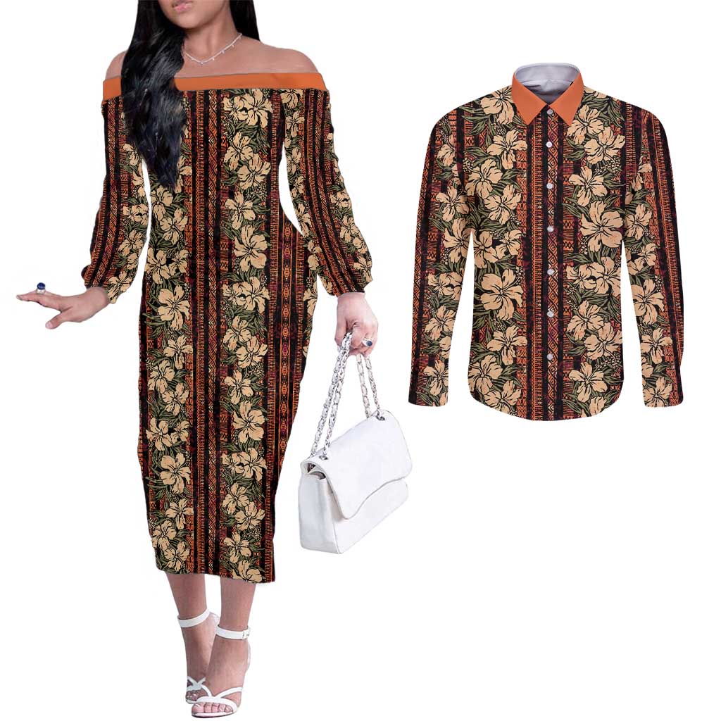 Hawaii Hibiscus Couples Matching Off The Shoulder Long Sleeve Dress and Long Sleeve Button Shirt Retro Style LT01 Brown - Polynesian Pride