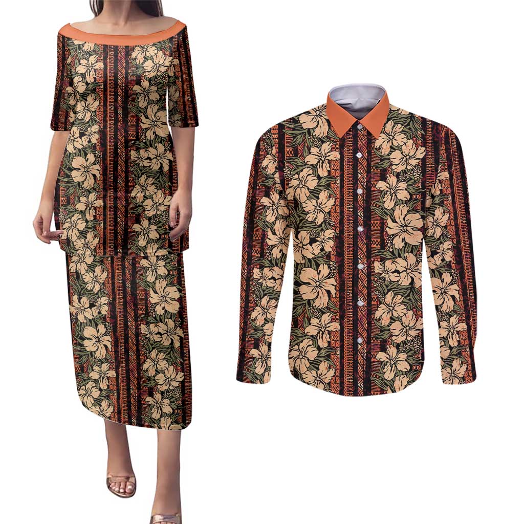 Hawaii Hibiscus Couples Matching Puletasi and Long Sleeve Button Shirt Retro Style LT01 Brown - Polynesian Pride
