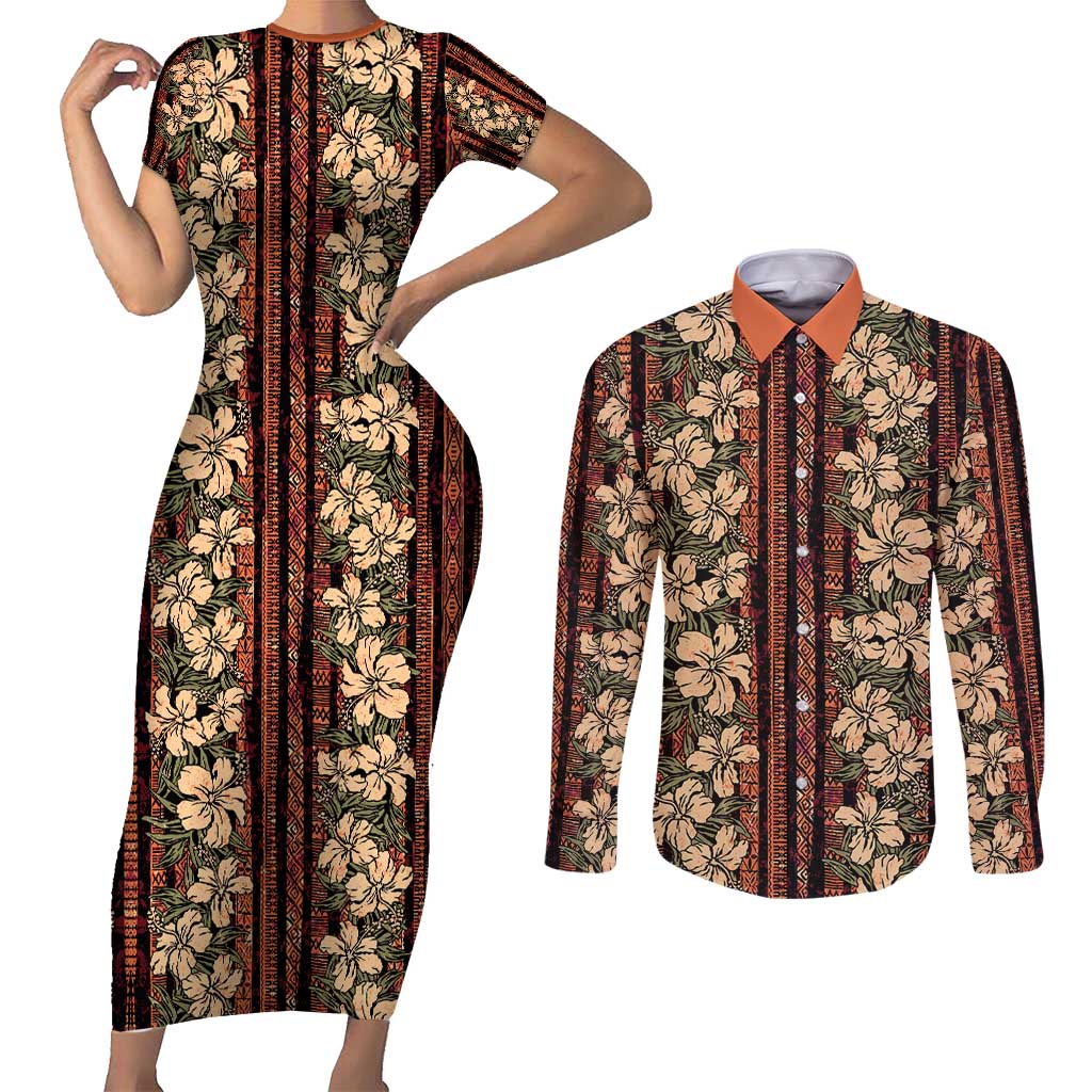 Hawaii Hibiscus Couples Matching Short Sleeve Bodycon Dress and Long Sleeve Button Shirt Retro Style LT01 Brown - Polynesian Pride