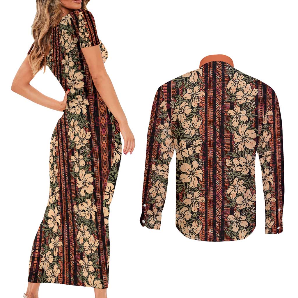 Hawaii Hibiscus Couples Matching Short Sleeve Bodycon Dress and Long Sleeve Button Shirt Retro Style - Polynesian Pride