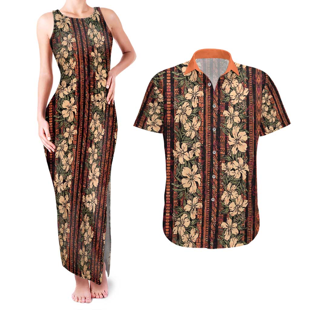 Hawaii Hibiscus Couples Matching Tank Maxi Dress and Hawaiian Shirt Retro Style LT01 Brown - Polynesian Pride