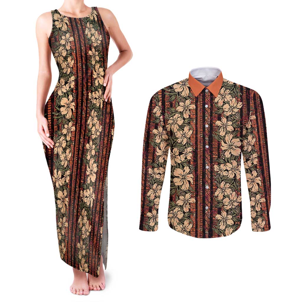 Hawaii Hibiscus Couples Matching Tank Maxi Dress and Long Sleeve Button Shirt Retro Style LT01 Brown - Polynesian Pride