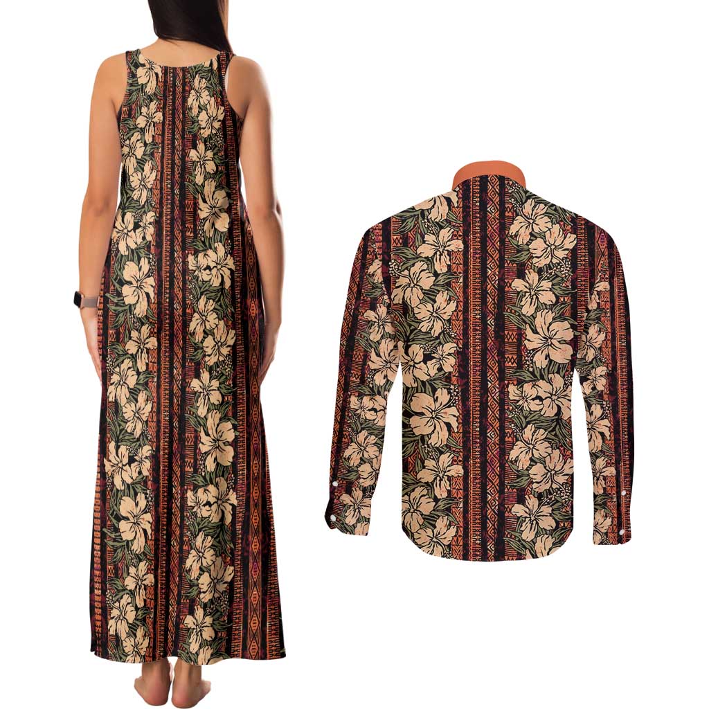 Hawaii Hibiscus Couples Matching Tank Maxi Dress and Long Sleeve Button Shirt Retro Style - Polynesian Pride