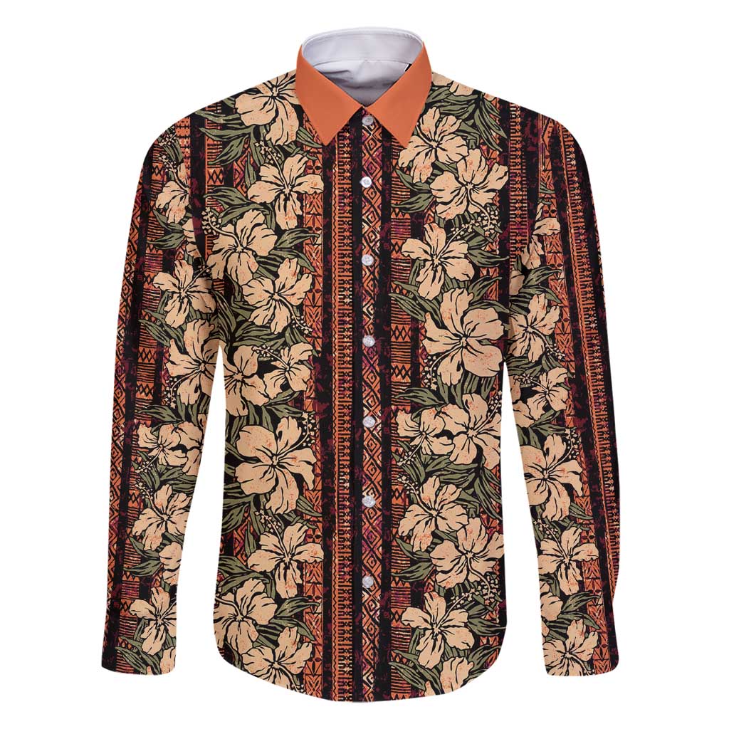 Hawaii Hibiscus Family Matching Long Sleeve Bodycon Dress and Hawaiian Shirt Retro Style LT01 Dad's Shirt - Long Sleeve Brown - Polynesian Pride