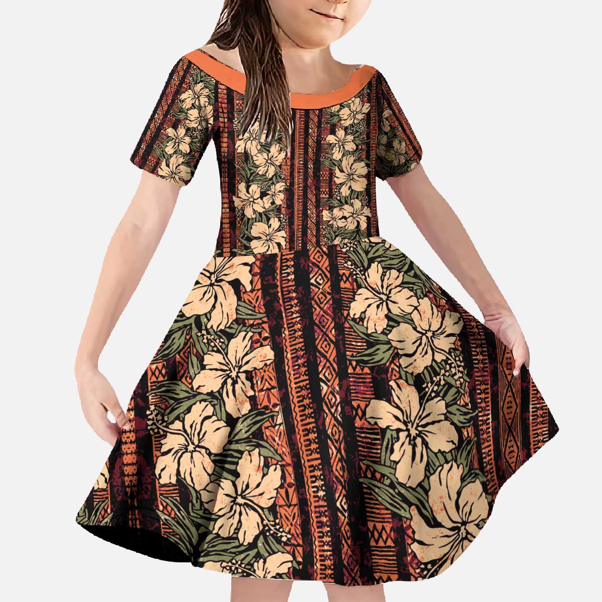 Hawaii Hibiscus Family Matching Off The Shoulder Long Sleeve Dress and Hawaiian Shirt Retro Style LT01 Daughter's Dress Brown - Polynesian Pride