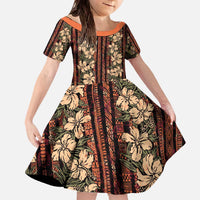 Hawaii Hibiscus Family Matching Off The Shoulder Long Sleeve Dress and Hawaiian Shirt Retro Style LT01 Daughter's Dress Brown - Polynesian Pride