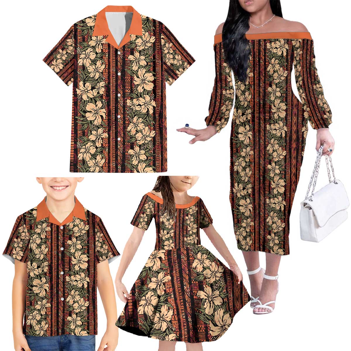 Hawaii Hibiscus Family Matching Off The Shoulder Long Sleeve Dress and Hawaiian Shirt Retro Style LT01 - Polynesian Pride