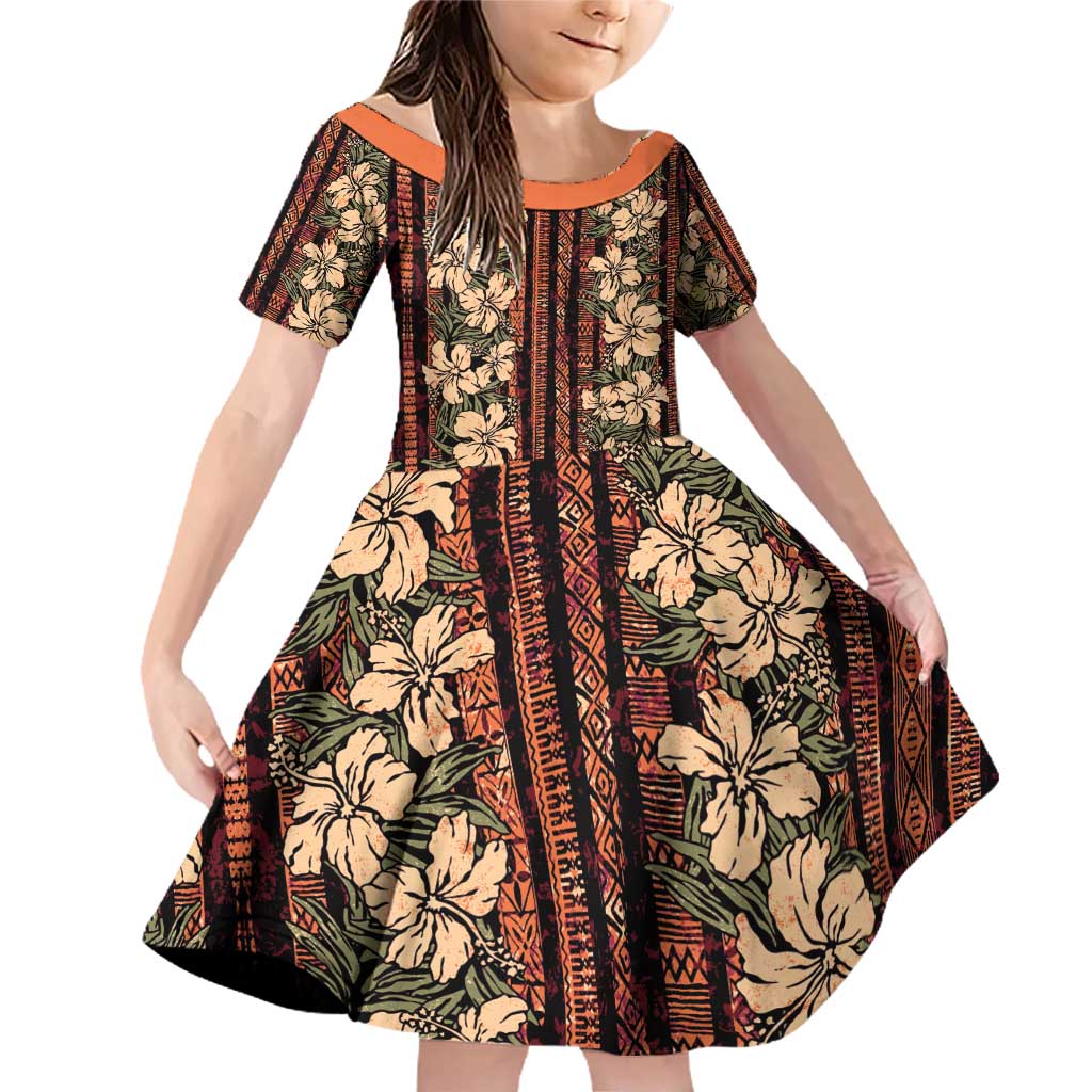 Hawaii Hibiscus Family Matching Off Shoulder Short Dress and Hawaiian Shirt Retro Style LT01 Daughter's Dress Brown - Polynesian Pride