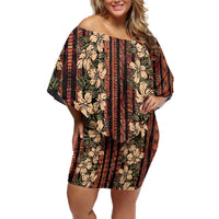 Hawaii Hibiscus Family Matching Off Shoulder Short Dress and Hawaiian Shirt Retro Style LT01 Mom's Dress Brown - Polynesian Pride