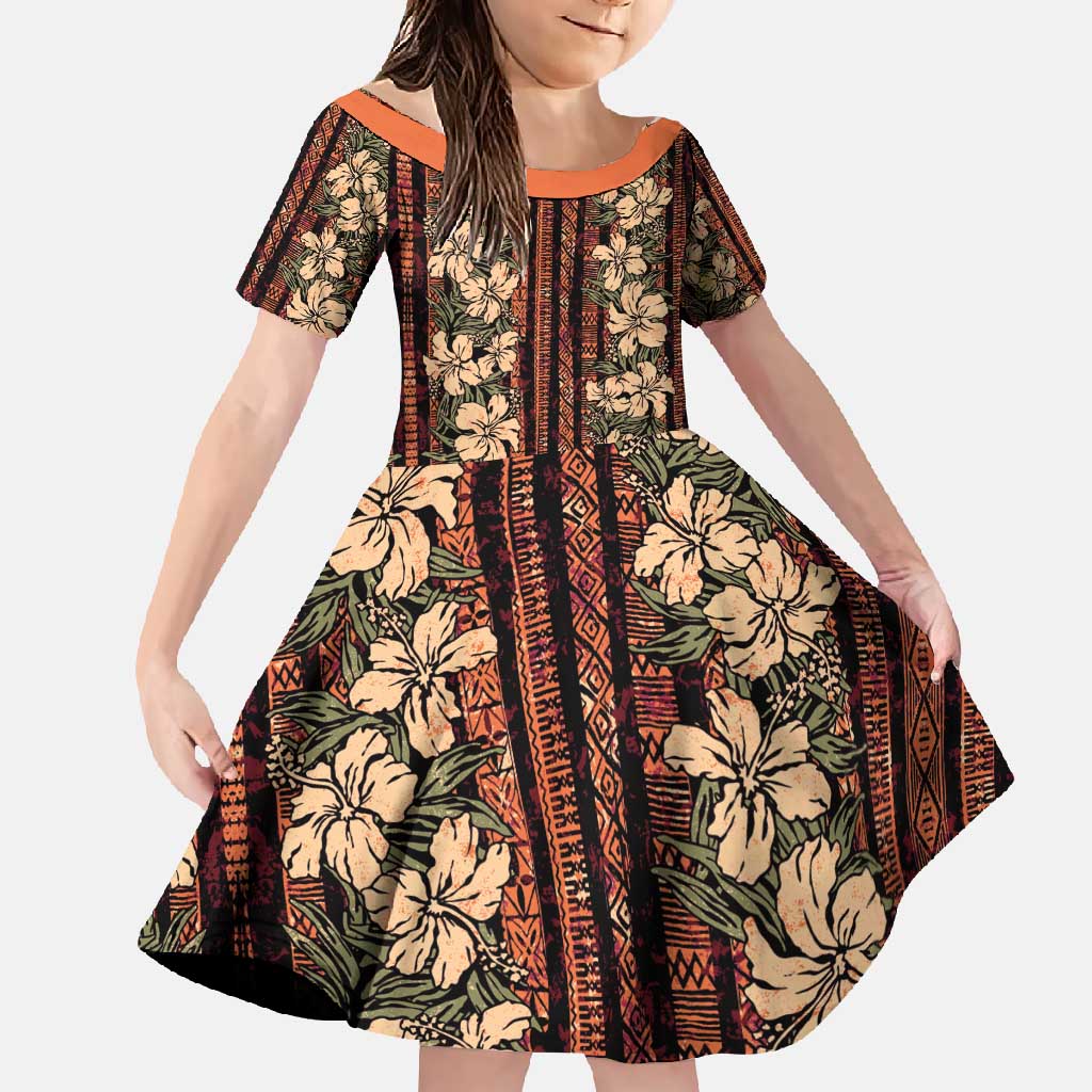 Hawaii Hibiscus Family Matching Short Sleeve Bodycon Dress and Hawaiian Shirt Retro Style LT01 Daughter's Dress Brown - Polynesian Pride