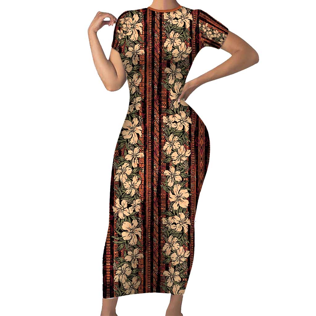 Hawaii Hibiscus Family Matching Short Sleeve Bodycon Dress and Hawaiian Shirt Retro Style LT01 Mom's Dress Brown - Polynesian Pride