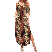 Hawaii Hibiscus Family Matching Summer Maxi Dress and Hawaiian Shirt Retro Style LT01 Mom's Dress Brown - Polynesian Pride