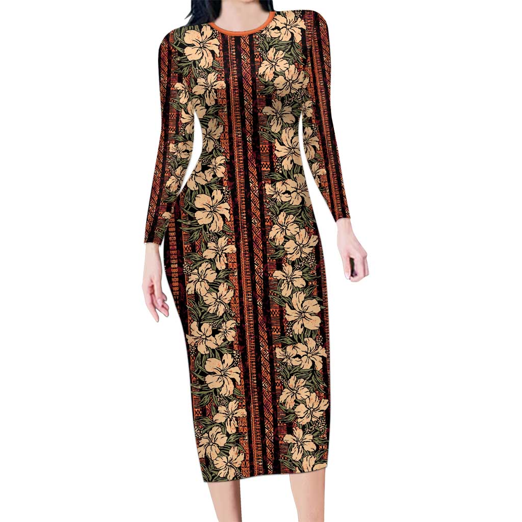 Hawaii Hibiscus Long Sleeve Bodycon Dress Retro Style - Polynesian Pride