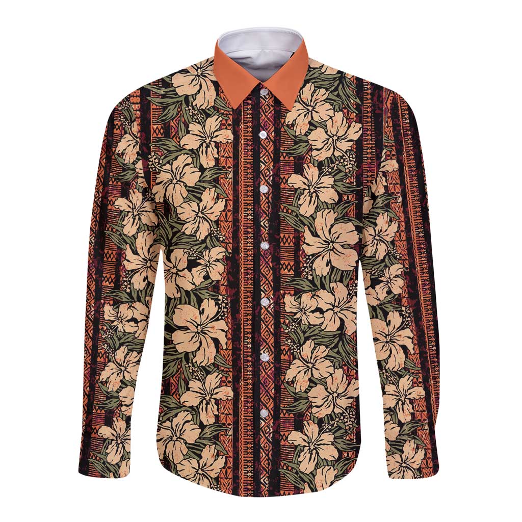 Hawaii Hibiscus Long Sleeve Button Shirt Retro Style LT01 Unisex Brown - Polynesian Pride