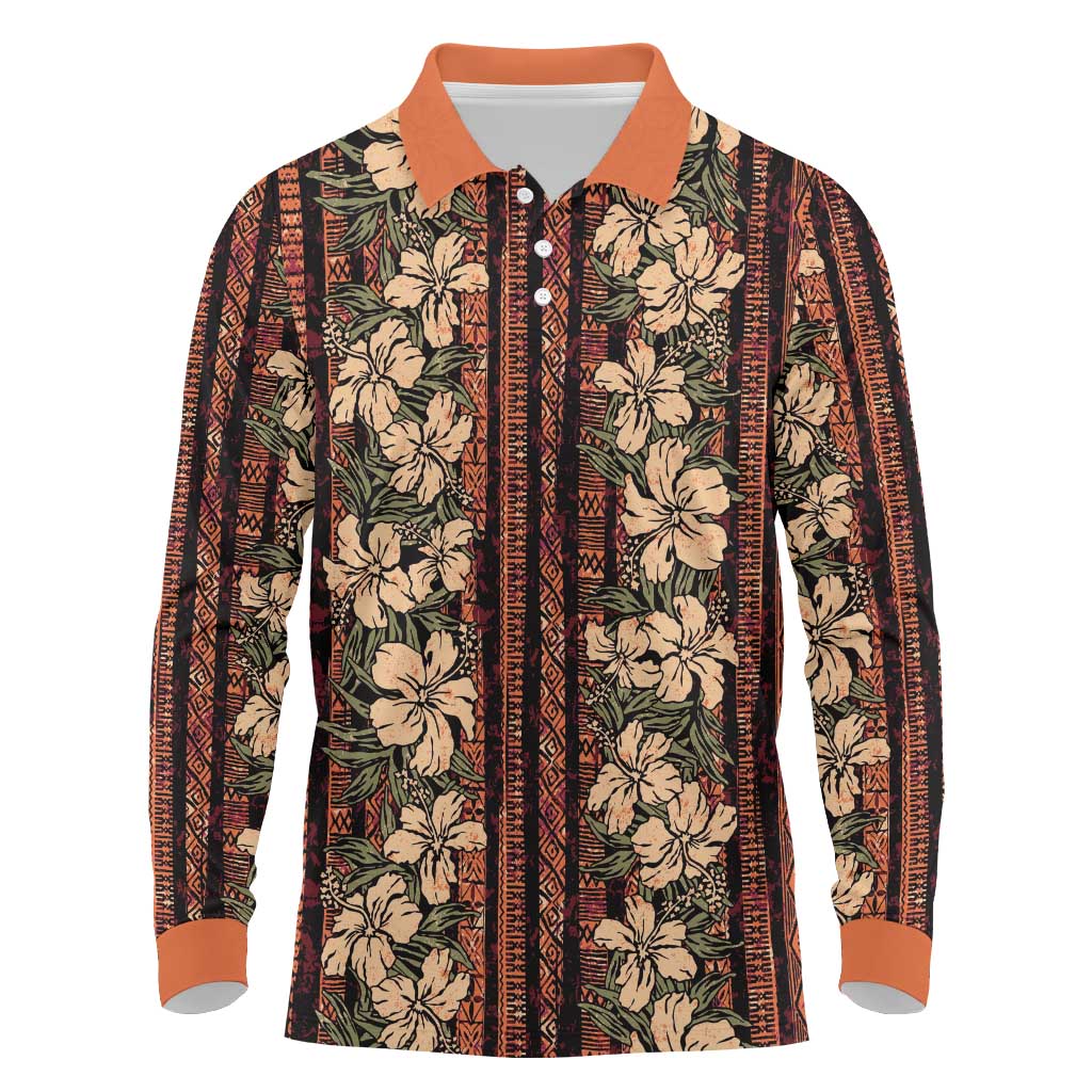 Hawaii Hibiscus Long Sleeve Polo Shirt Retro Style LT01 Brown - Polynesian Pride