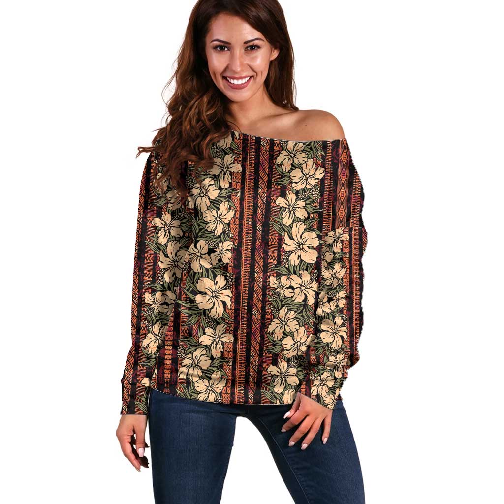 Hawaii Hibiscus Off Shoulder Sweater Retro Style - Polynesian Pride