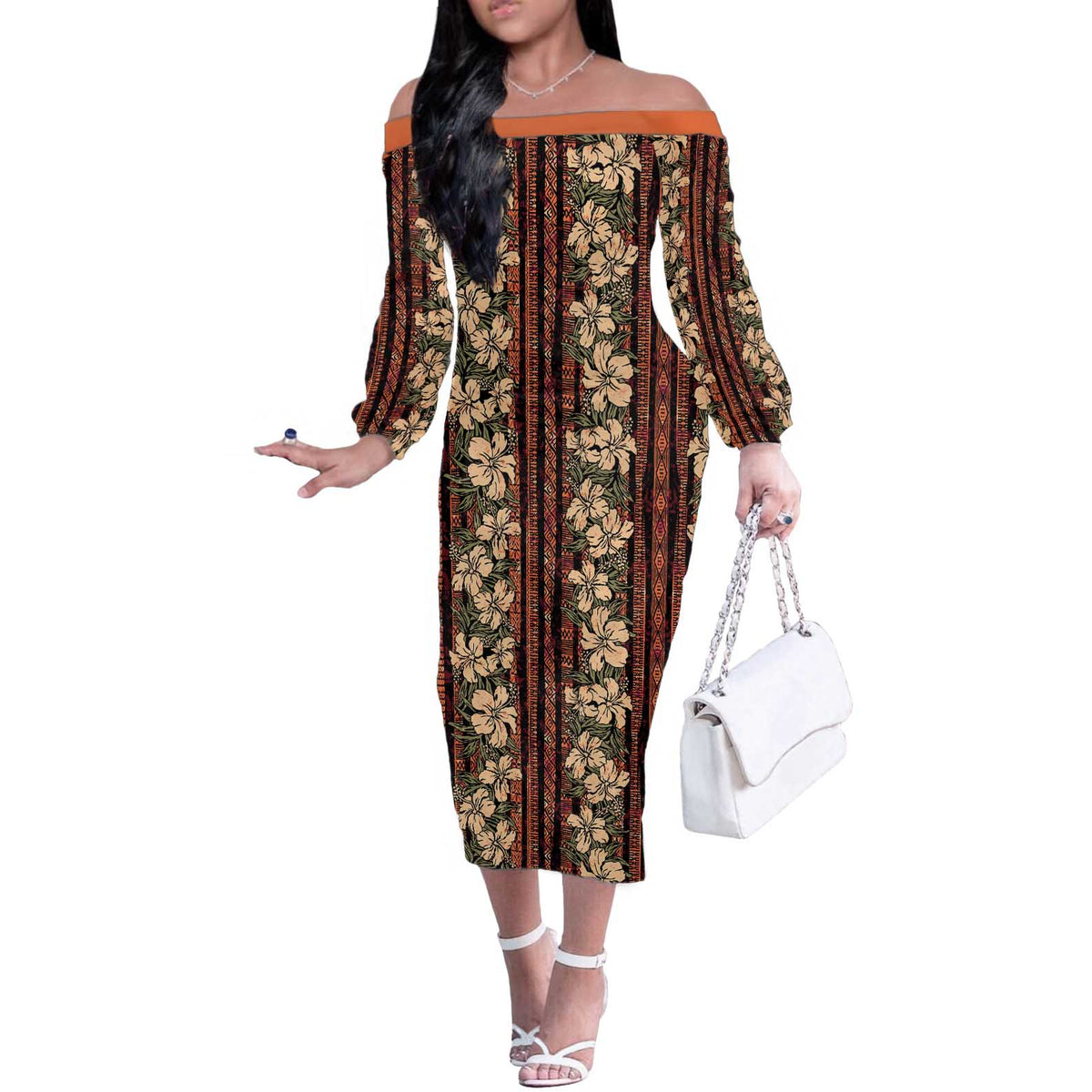 Hawaii Hibiscus Off The Shoulder Long Sleeve Dress Retro Style LT01 Women Brown - Polynesian Pride