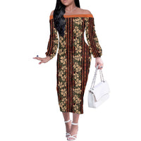 Hawaii Hibiscus Off The Shoulder Long Sleeve Dress Retro Style LT01 Women Brown - Polynesian Pride