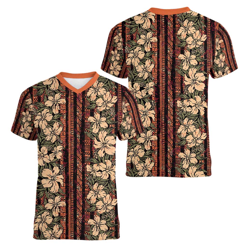 Hawaii Hibiscus Women V-Neck T-Shirt Retro Style - Polynesian Pride