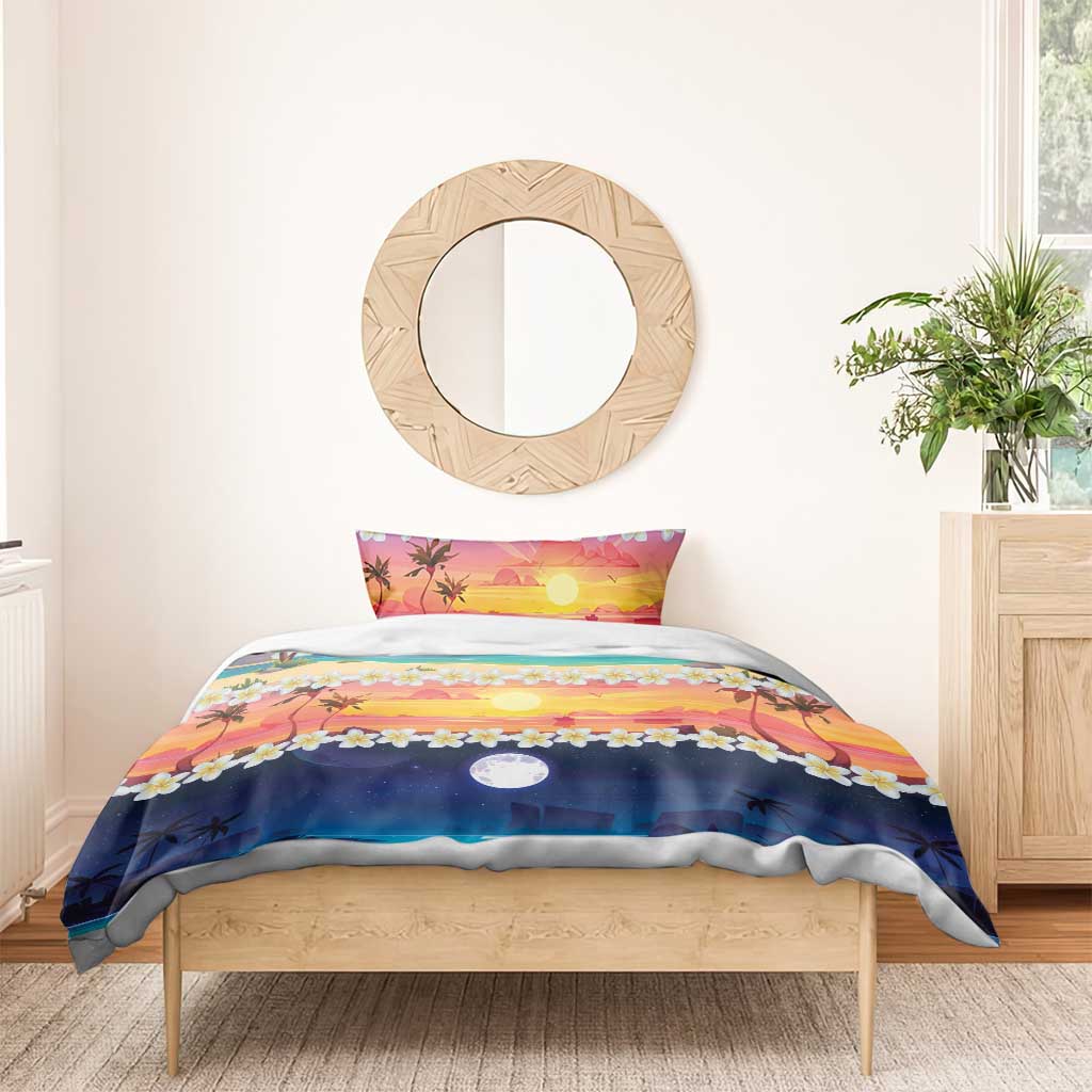 Hawaii Beach Landscape Time-Lapse Bedding Set Tropical Plumeria Flowers - Polynesian Pride