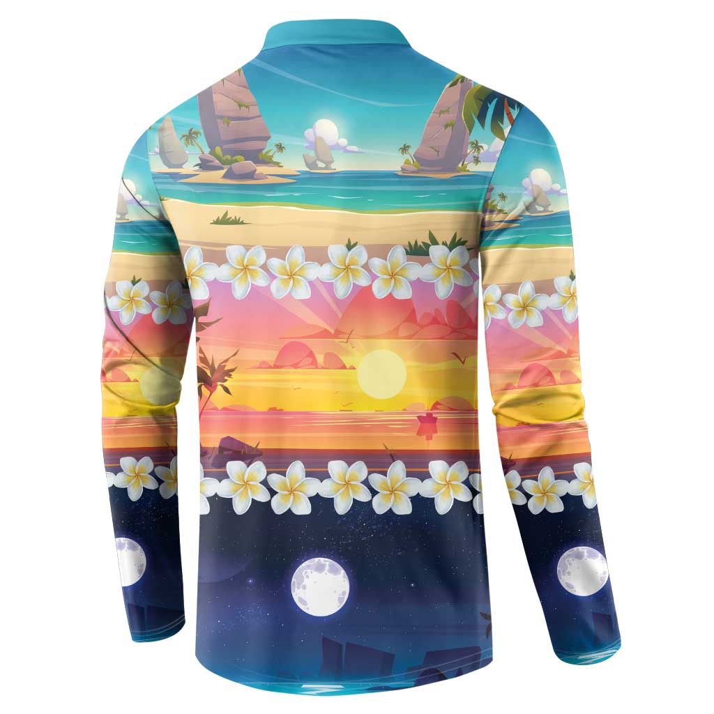 Hawaii Beach Landscape Time-Lapse Button Sweatshirt Tropical Plumeria Flowers - Polynesian Pride