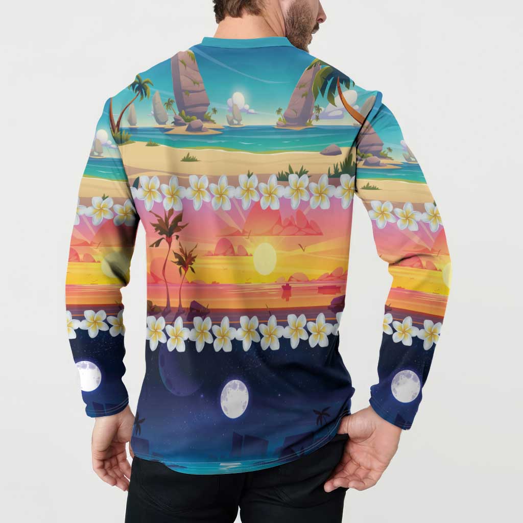 Hawaii Beach Landscape Time-Lapse Button Sweatshirt Tropical Plumeria Flowers - Polynesian Pride