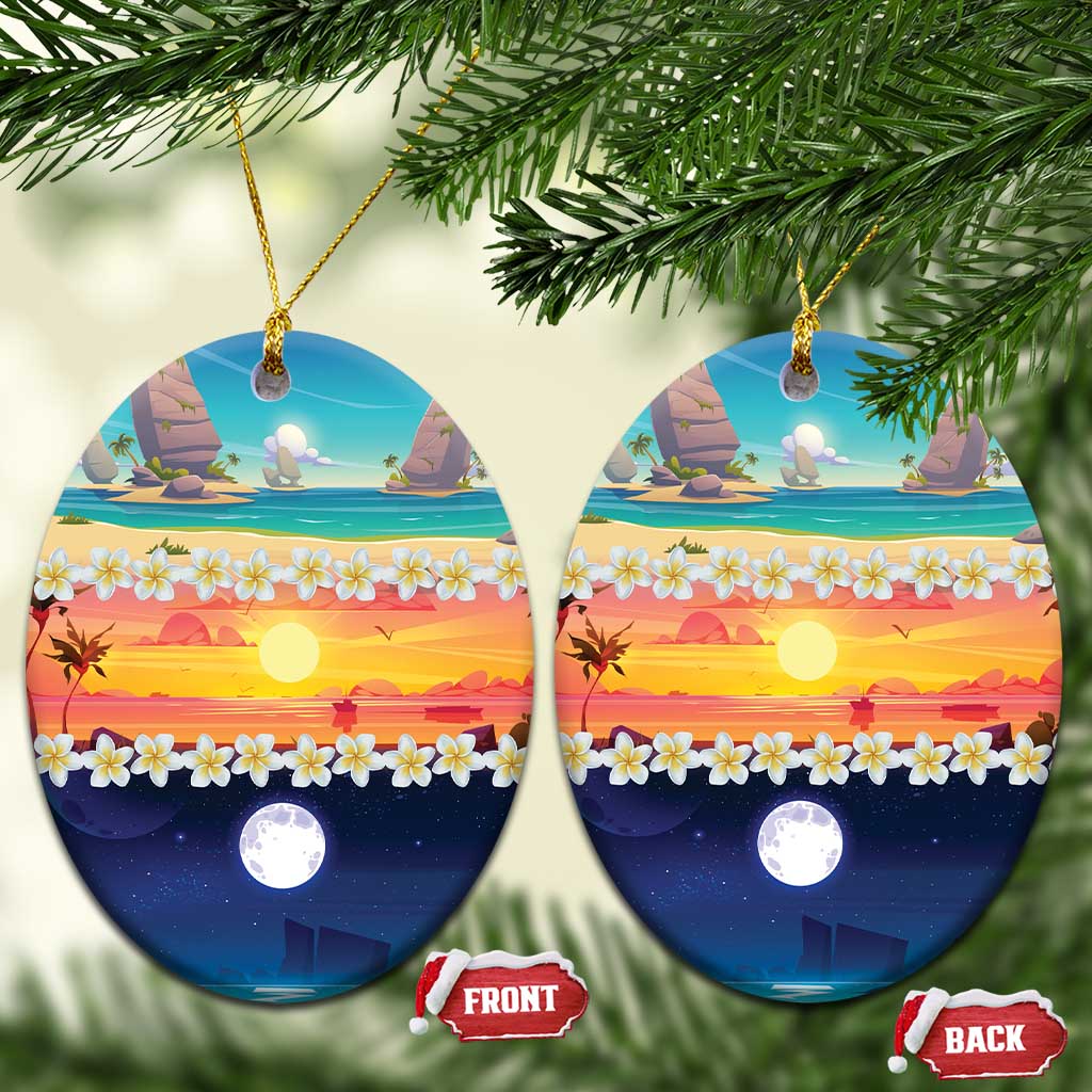 Hawaii Beach Landscape Time-Lapse Ceramic Ornament Tropical Plumeria Flowers LT01 Oval Multicolor - Polynesian Pride