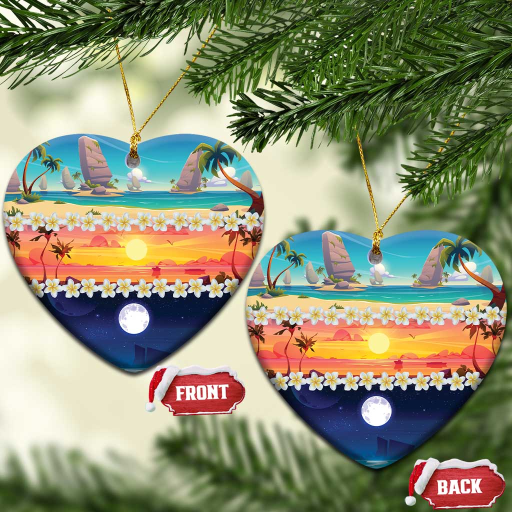 Hawaii Beach Landscape Time-Lapse Ceramic Ornament Tropical Plumeria Flowers LT01 Heart Multicolor - Polynesian Pride