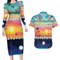 Hawaii Beach Landscape Time-Lapse Couples Matching Long Sleeve Bodycon Dress and Hawaiian Shirt Tropical Plumeria Flowers LT01 Multicolor - Polynesian Pride