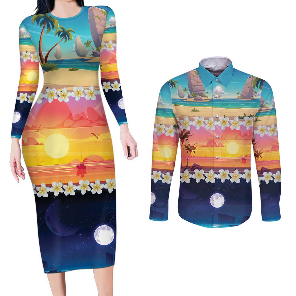 Hawaii Beach Landscape Time-Lapse Couples Matching Long Sleeve Bodycon Dress and Long Sleeve Button Shirt Tropical Plumeria Flowers LT01 Multicolor - Polynesian Pride