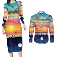 Hawaii Beach Landscape Time-Lapse Couples Matching Long Sleeve Bodycon Dress and Long Sleeve Button Shirt Tropical Plumeria Flowers LT01 Multicolor - Polynesian Pride