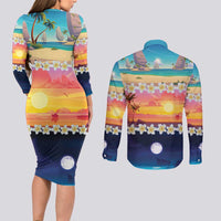 Hawaii Beach Landscape Time-Lapse Couples Matching Long Sleeve Bodycon Dress and Long Sleeve Button Shirt Tropical Plumeria Flowers LT01 - Polynesian Pride