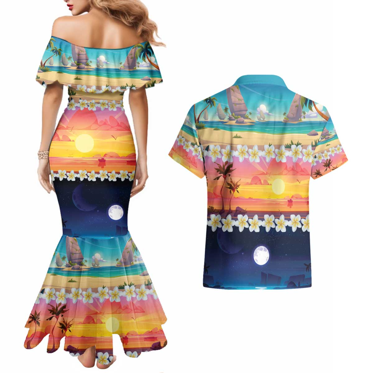 Hawaii Beach Landscape Time-Lapse Couples Matching Mermaid Dress and Hawaiian Shirt Tropical Plumeria Flowers LT01 - Polynesian Pride