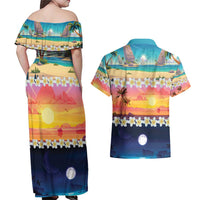 Hawaii Beach Landscape Time-Lapse Couples Matching Off Shoulder Maxi Dress and Hawaiian Shirt Tropical Plumeria Flowers LT01 - Polynesian Pride
