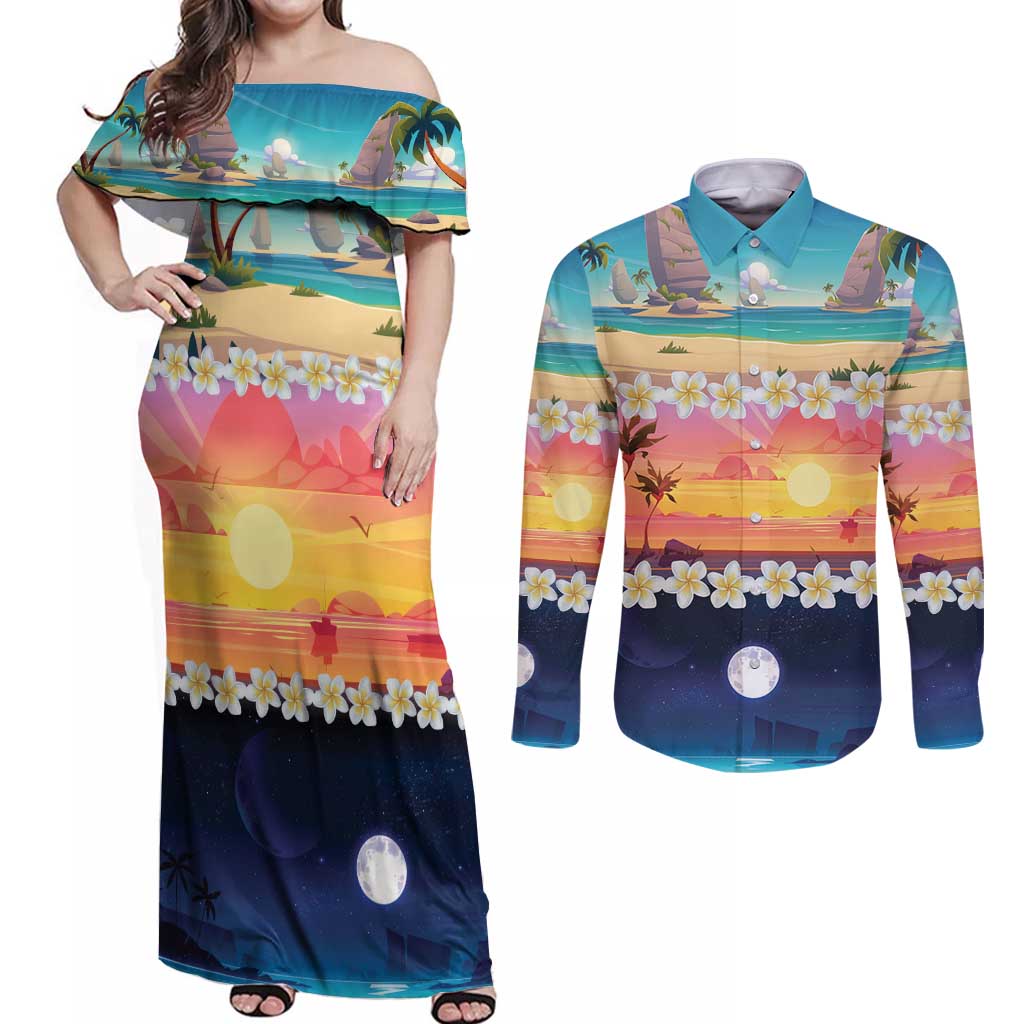 Hawaii Beach Landscape Time-Lapse Couples Matching Off Shoulder Maxi Dress and Long Sleeve Button Shirt Tropical Plumeria Flowers LT01 Multicolor - Polynesian Pride